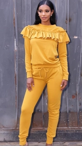 Women's two-piece ginger yellow lounge set with long sleeves and stylish ruffle detail