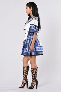 Women's Dashiki ethnic print short sleeve dress in white and blue, side full view