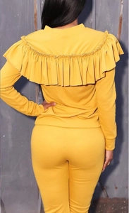 Women's yellow two-piece leisure set featuring ruffled long sleeve top and slim leggings