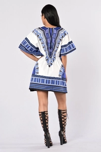 Women's white Dashiki dress with blue ethnic prints and elastic waist back view