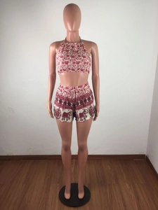 Detail of red and white bohemian elephant print on summer two-piece halter set