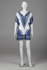 Detail of bohemian V-neck mini dress featuring blue ethnic prints and elastic waist