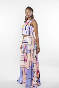 Ensemble Deux Pièces pour Femme en Lin Imprimé Floral et Géométrique Bohème Crop Top Sans Manches Col en V et Jupe Maxi Taille Haute