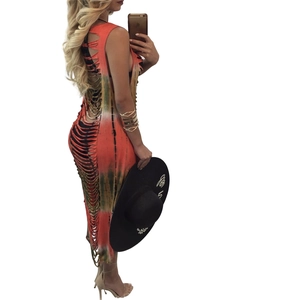 Bohemian tie-dye sleeveless dress with side tassel cutout details in orange and yellow