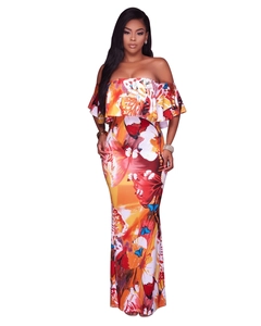 Robe Longue Élégante Femmes Épaules Dénudées Volants Imprimé Papillon Soie de Lait Coupe Ajustée Sexy Été Fête Plage