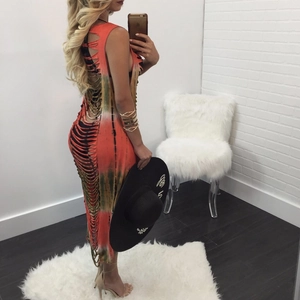 Orange tie-dye maxi dress with trendy distressed cut-outs and sleeveless openwork design