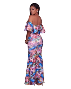 Floral off-the-shoulder bodycon maxi dress with vibrant ruffles and fishtail hemline