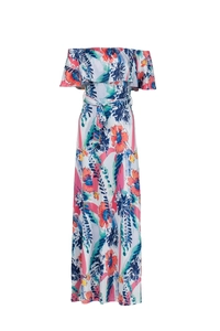 Detail of light blue floral Bardot maxi dress with ruffle neckline and waist tie detail