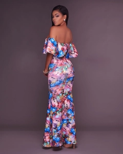Elegant off-shoulder floral print maxi dress with slim fit mermaid hem and blue roses