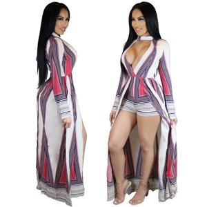 Women Sexy Geometric Print Slit Maxi Jumpsuit Dress Deep V Neck Long Sleeve Jumpsuit With Skirt Overlay Party Clubwear