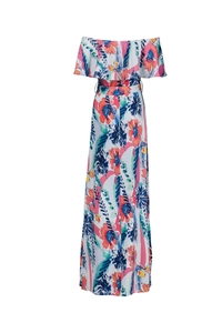 Detail of white off-shoulder maxi dress with tropical floral print and ruffle trim
