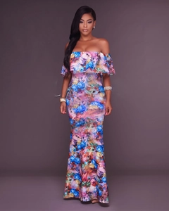 Elegant floral off-shoulder mermaid maxi dress with ruffles and vibrant flower print
