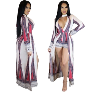 Women's Bohemian print two-piece set featuring V-neck romper and split maxi skirt overlay