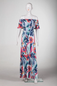 Detail of floral off-shoulder maxi dress with ruffled neckline and matching waist belt