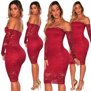 Vestito Midi in Pizzo a Spalle Scoperte Elegante Donna Manica Lunga Aderente Ricamo Floreale Abito da Sera per Festa