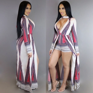 Deep V-neck jumpsuit dress with bohemian geometric print and high slit long skirt