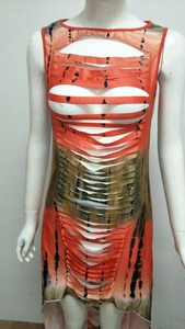 Detail of cutout design and tie-dye pattern on this sleeveless bodycon dress
