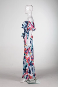 Detailed side view of a tropical floral maxi dress with ruffled off-shoulder neckline