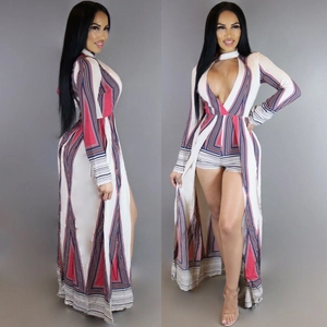 Elegant two-piece jumpsuit set with geometric print maxi skirt and slit detailing