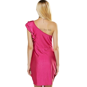 Back view of a slim-fit magenta one-shoulder dress with elegant ruffle detail