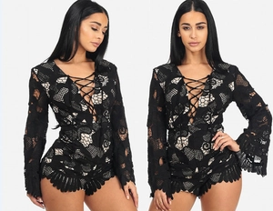 Elegant black lace V-neck romper with bell sleeves and lace-up detail for women