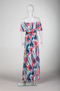 Detail view of floral off-shoulder maxi dress with ruffled collar and back-tie waist design