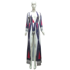 Women's two-piece geometric print set with V-neck maxi dress and matching shorts