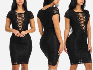Damen Sexy Schwarz Spitze Bodycon Kleid Tiefem V-Ausschnitt Schnürung Stickerei Kurzarm Midi Nachtclub Party Kleid