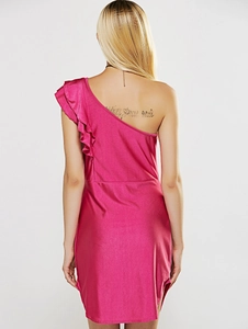 Rear view detail of a rose pink one-shoulder dress with layered ruffle accents