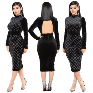 Women Sexy Mock Neck Backless Velvet Bodycon Midi Dress Long Sleeve Rhinestone Diamond Pattern Evening Party Dress