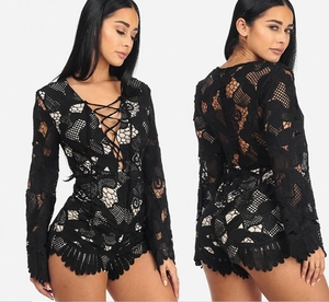 Sexy Deep V Neck Lace-up Hollow Out Lace Romper For Women Long Bell Sleeve Scalloped Edge Fashion Jumpsuit Summer Short Playsuit