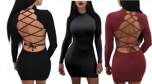 Γυναικείο Σέξι Ξώπλατο Μίνι Φόρεμα Bodycon Με Κορδόνια Μακρύ Μανίκι Ημίψηλος Λαιμός Διάτρητο Στενή Εφαρμογή Πάρτι Dress