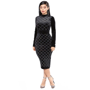 Elegant black velvet turtleneck midi dress with silver rhinestone argyle pattern