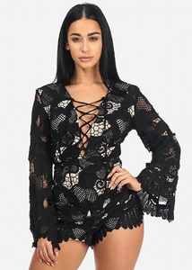 Elegant black lace long sleeve romper with deep V-neck lace-up and bell sleeves