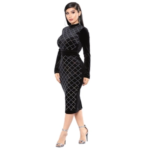 Elegant black velvet bodycon dress with silver rhinestone diamonds and a high neck