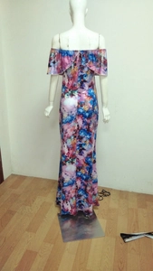 Rear view detail of off-the-shoulder floral maxi dress with elegant ruffle neckline