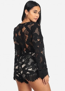 Chic black lace jumpsuit with hollow floral pattern and scallop edges for women