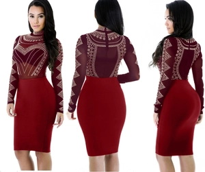 Women Sexy Bodycon Midi Dress Hot-drill Rhinestone Mesh Patchwork Long Sleeve High Neck Burgundy Evening Party Dress