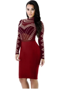 Elegant dark red bodycon dress with sheer mesh long sleeves and rhinestone patterns