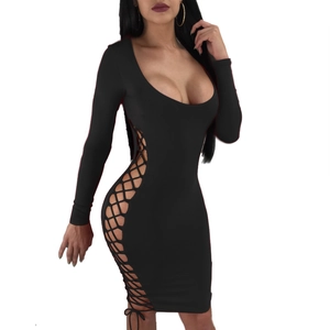 Detail of sexy black bodycon dress featuring side lace-up cutout and hollow out design