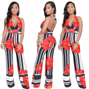 Women Sexy Deep V Neck Halter Floral Striped Print Wide Leg Jumpsuit Backless High Waist Sleeveless Long Romper With Belt