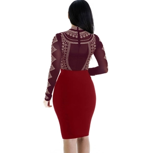 Elegant long sleeve bodycon dress with rhinestone patterns and red mesh stitching