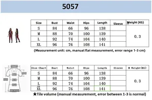 Detailed size chart for sexy digital print jumpsuit with bust, waist, and hip measurements