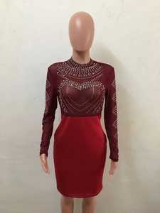 Elegant long sleeve party dress with wine red mesh bodice and silver rhinestone heart