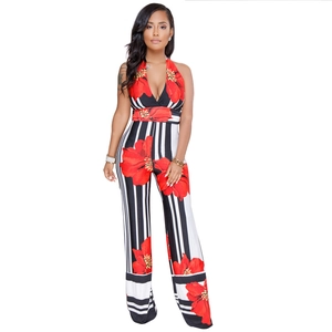 Women's deep V-neck halter jumpsuit with red floral print and black and white stripes