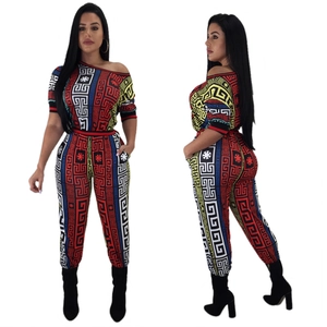 Women's Sexy Greek Key Print Jumpsuit Wide Leg Pants Cotton One Shoulder Top And Bottom Streetwear Multicolor Rock Style