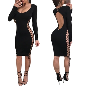 Slim fit black long sleeve dress with lace-up side cutout and backless design for women