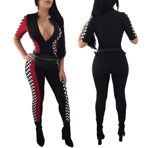 Women Sexy Racing Style Jumpsuit Checkered Print Striped Patchwork Zipper Front Bodycon Catsuit Clubwear Casual Long Romper