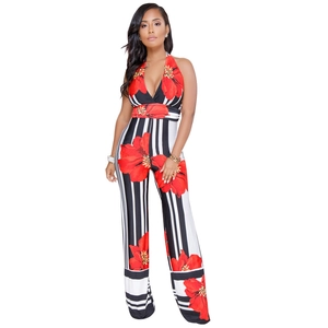 Sexy halter neck wide leg jumpsuit for women with vertical stripes and floral print patterns