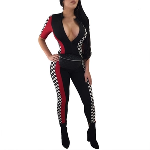 Women's racing jumpsuit in black with red panels and checkered print side stripes